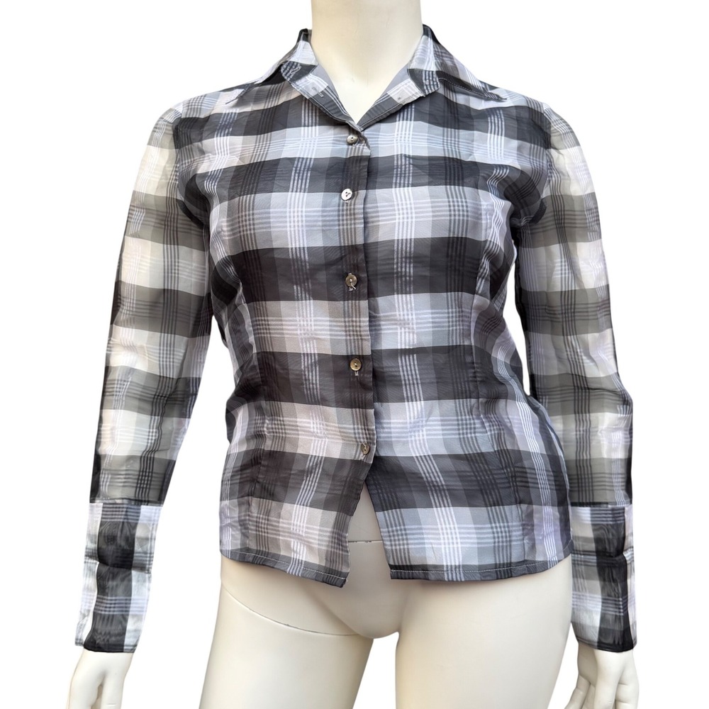 Bianca Nygard Sheer Sleeve Plaid Blouse Grey Black Dark Academia Office Siren 12